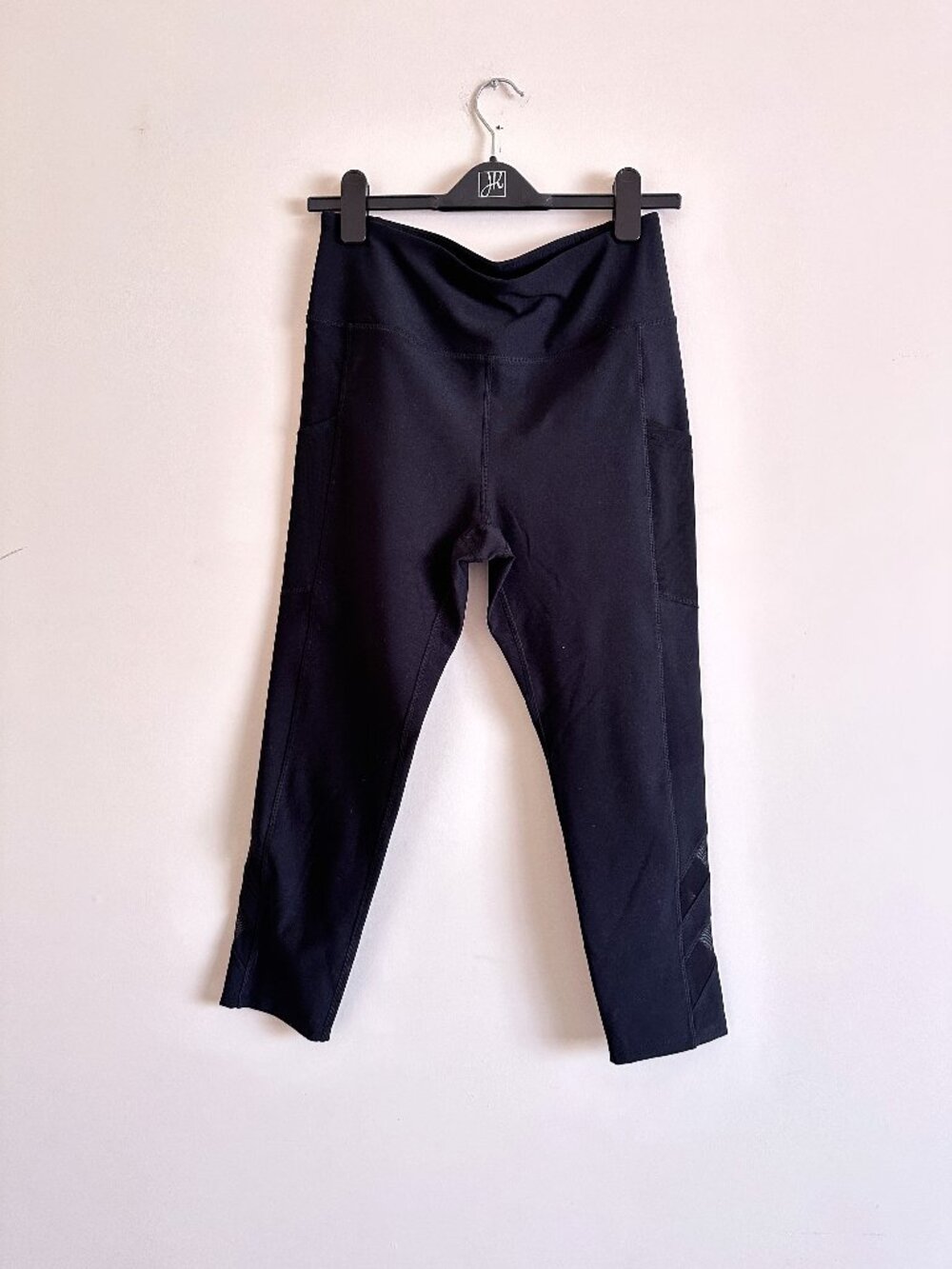 Black Ankle Length High Rise Leggings with Side Mesh Detail